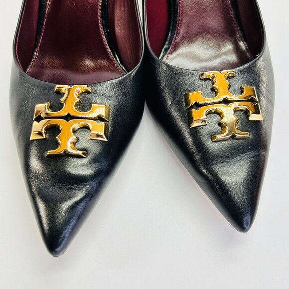 Tory Burch Eleanor Pointed Toe Leather Pump Size 8 Black Kitten Heel Classic - Picture 5 of 16
